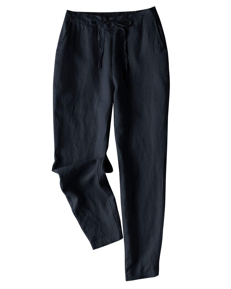 IXIMO Women's Tapered Pants 100% Linen Drawstring Back Elastic Waist Pants Trousers with Pockets Gray Blue M - Image 1